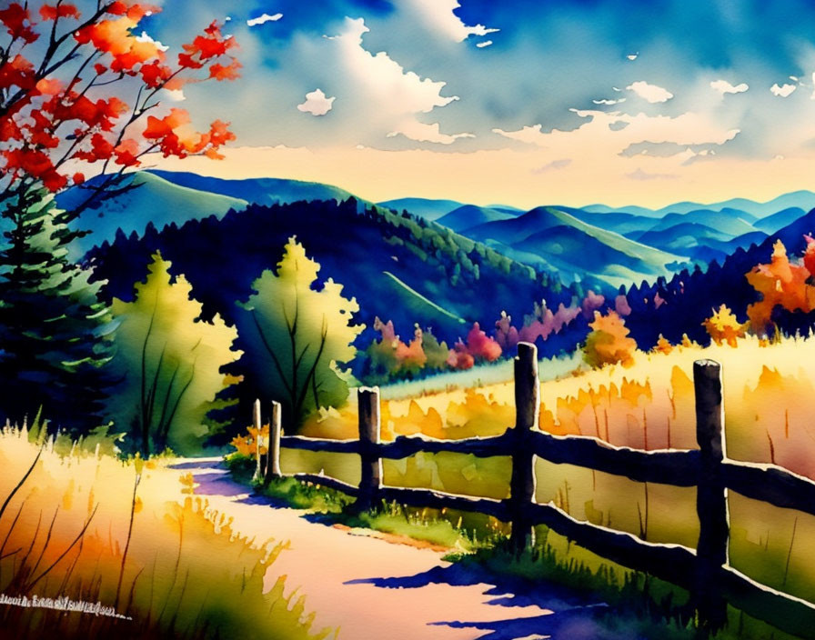 Colorful Watercolor Landscape with Rolling Hills and Winding Path