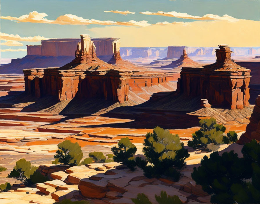 Desert landscape painting of Monument Valley's red sandstone buttes