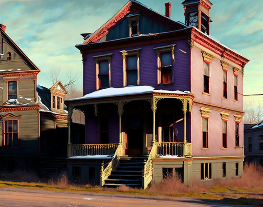 Old-fashioned two-story pink house with balcony and tower among vintage homes in sunny setting