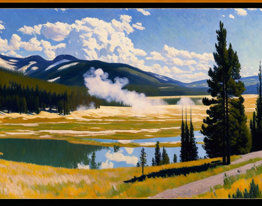 Tranquil landscape painting with geyser, river, pine trees, hills, and blue sky