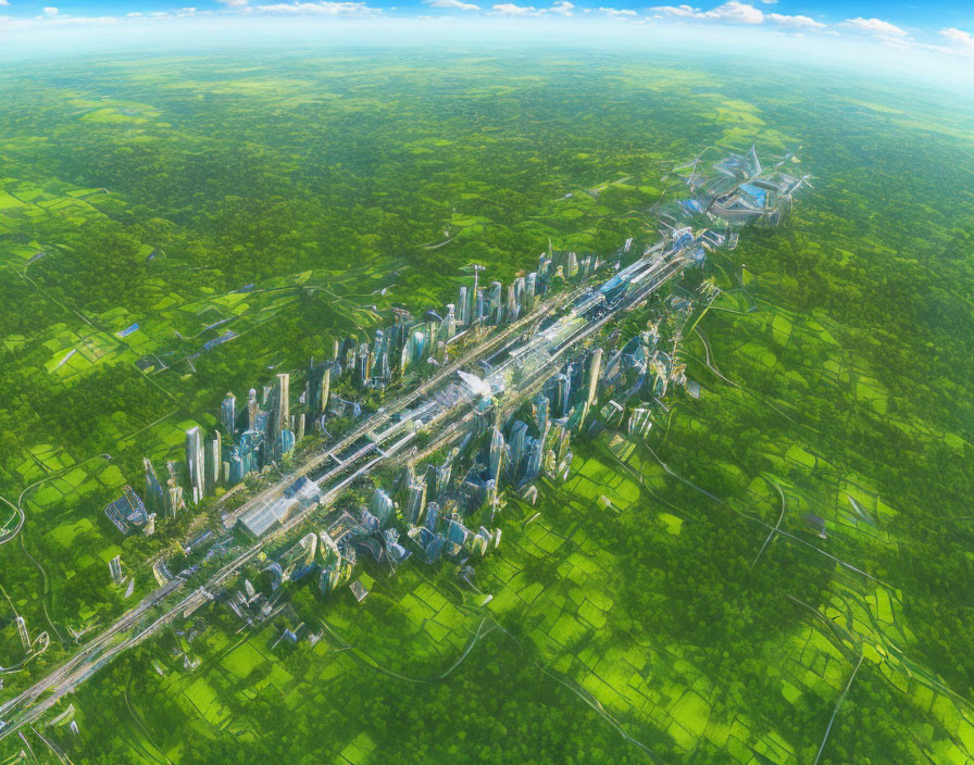 Modern city skyline in vast green landscape with roadways