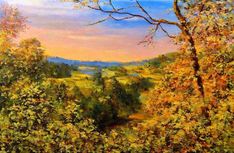 Vibrant autumn landscape with lush trees and tranquil sky