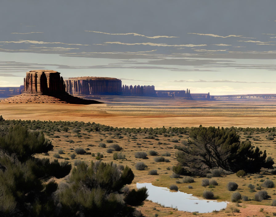 Iconic Buttes in Serene Desert Landscape with Reflective Pool