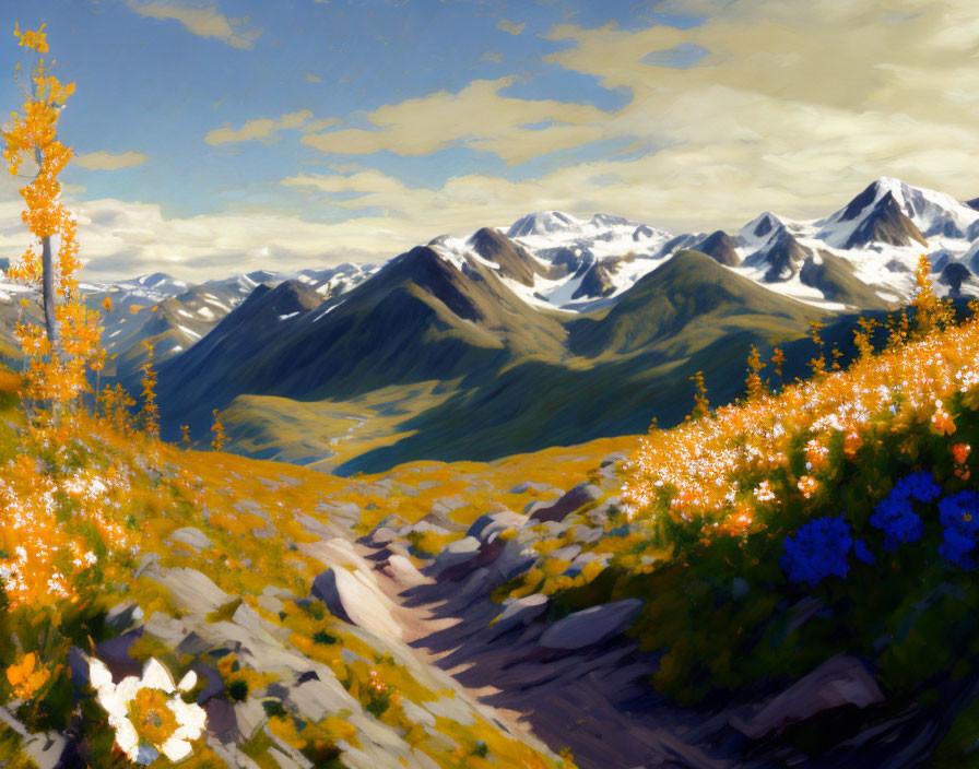 Mountain landscape painting with trail, wildflowers, and snowy peaks