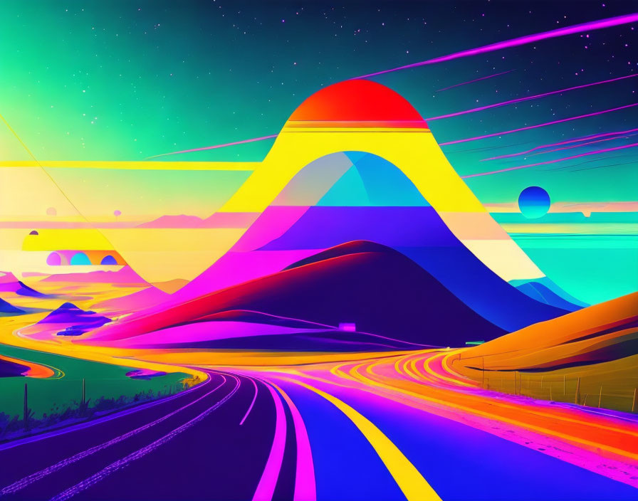 Colorful surreal landscape with neon hues, winding road, hills, rainbow mountain, starry sky.