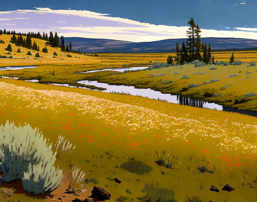 Scenic illustration of meandering river in grassy field