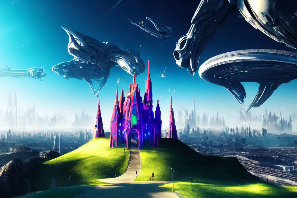 Futuristic cityscape with neon-lit spire buildings, flying ships, and vast urban backdrop