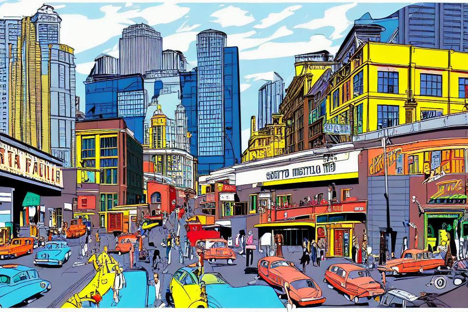 Colorful cartoon-style city street illustration with vibrant buildings, cars, and pedestrians.