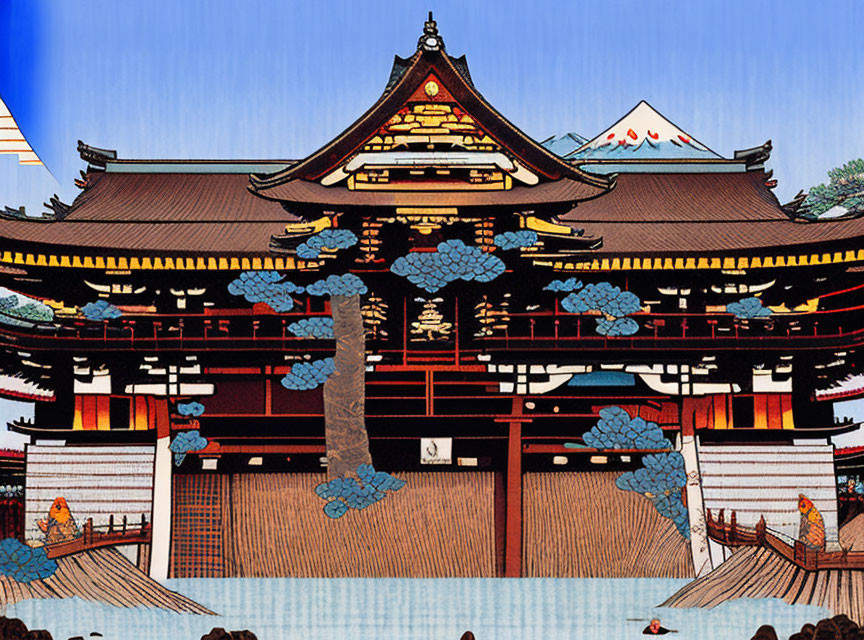 Vibrant Japanese temple illustration with Mount Fuji, pagoda, pine trees, and stone lantern