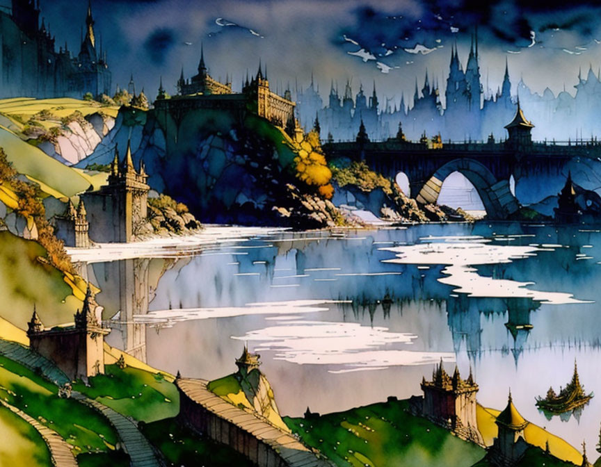 Fantasy landscape with castle, bridge, river, boats, mountains, and clouds.