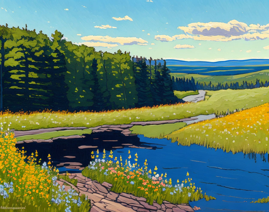 Serene river, forest, meadow, and blue sky in vibrant landscape