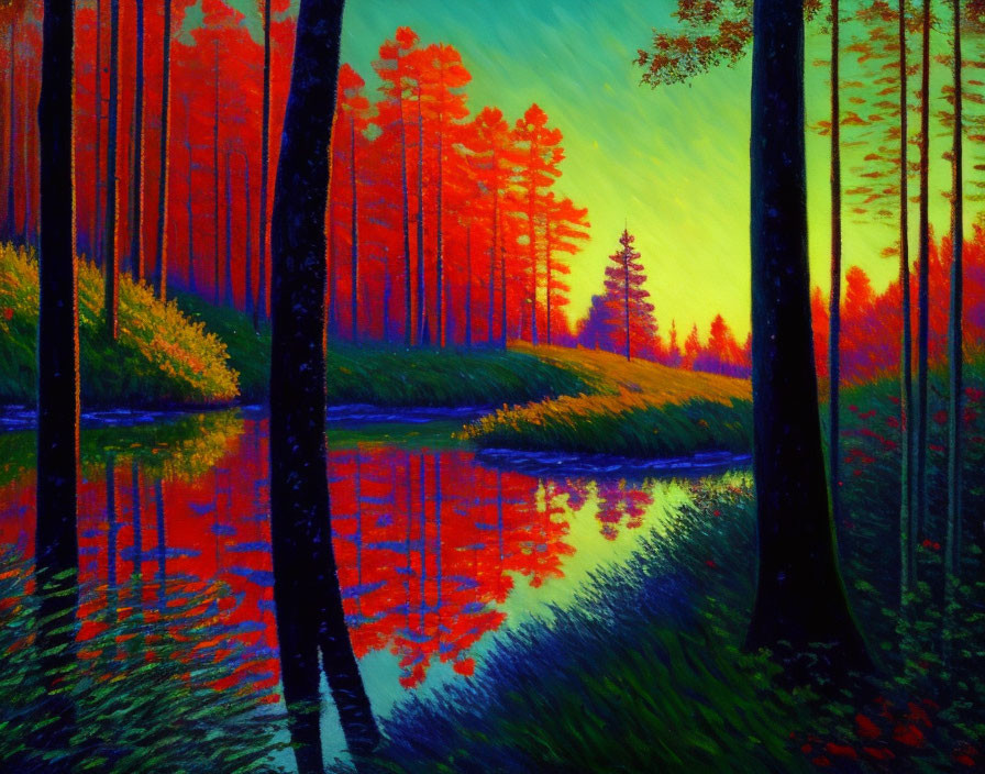 Impressionistic forest painting with red and green trees by tranquil river at sunrise.