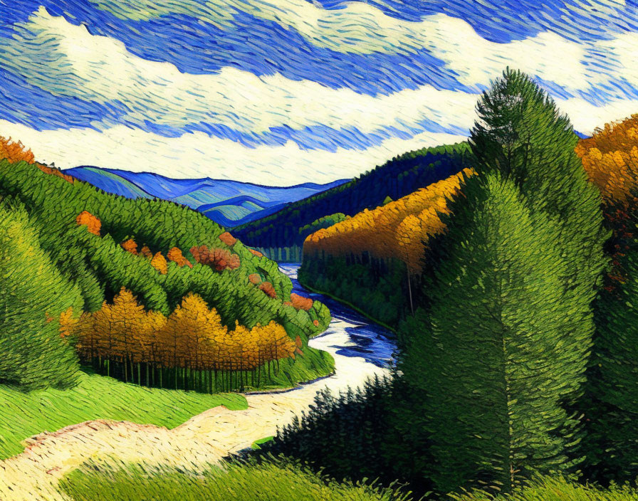 Colorful Landscape Painting: River, Hills, Trees, Sky