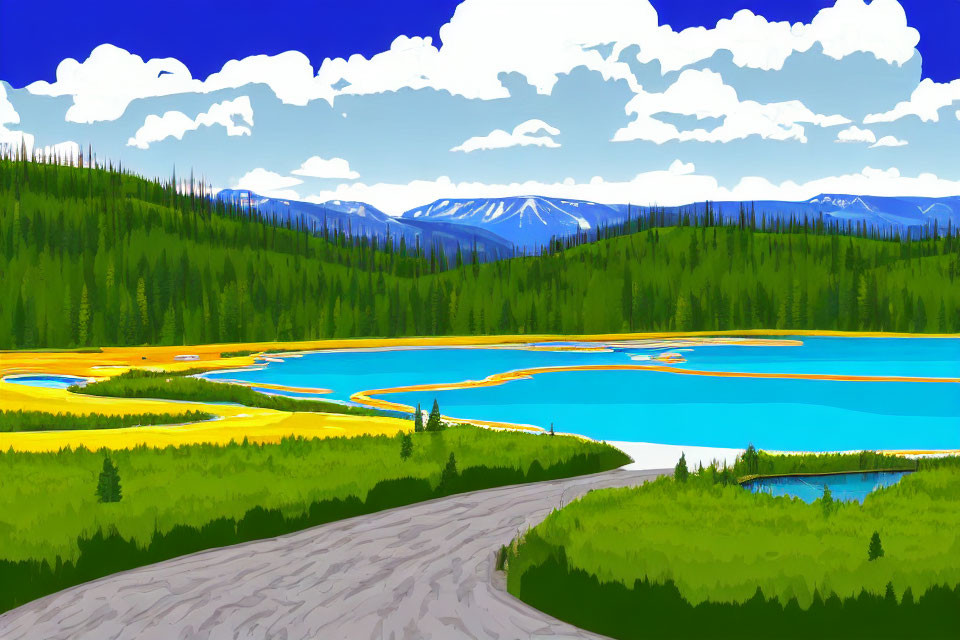 Scenic lake with meandering road, green forests, and mountains