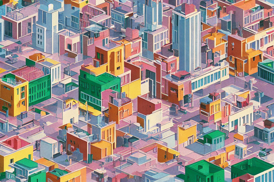 Vibrant Isometric Urban Area Illustration with Diverse Buildings