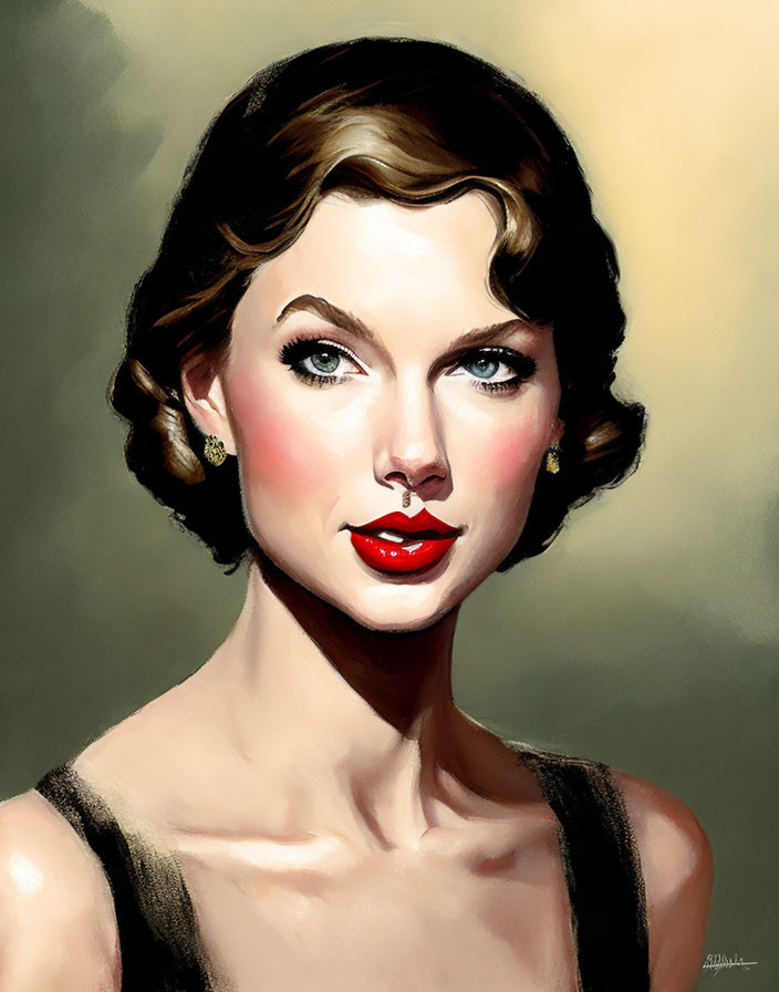 Portrait of woman with short curly hair and red lips on beige background