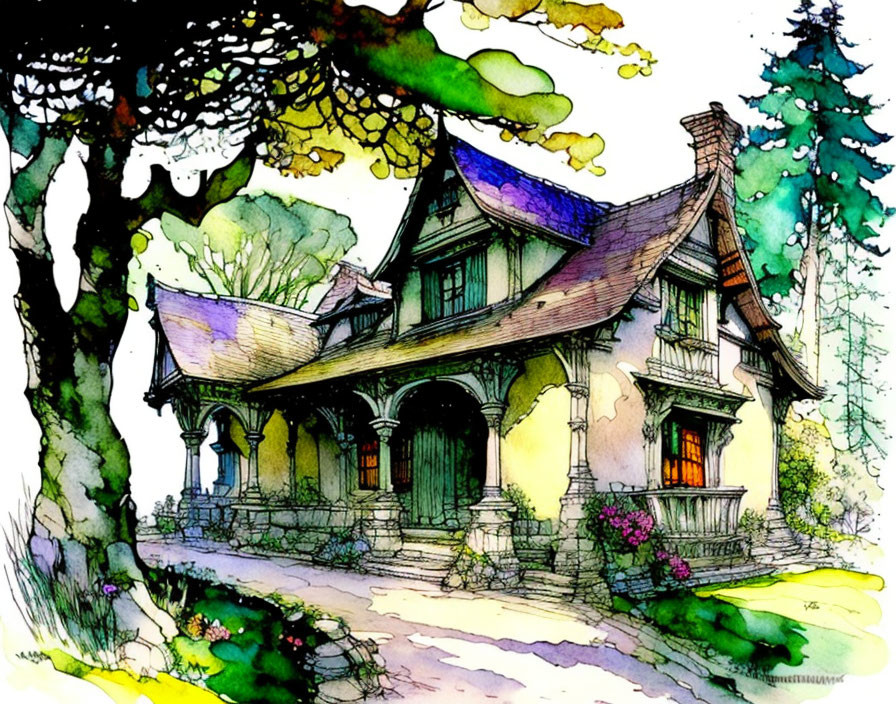 Vibrant watercolor of picturesque cottage and lush surroundings