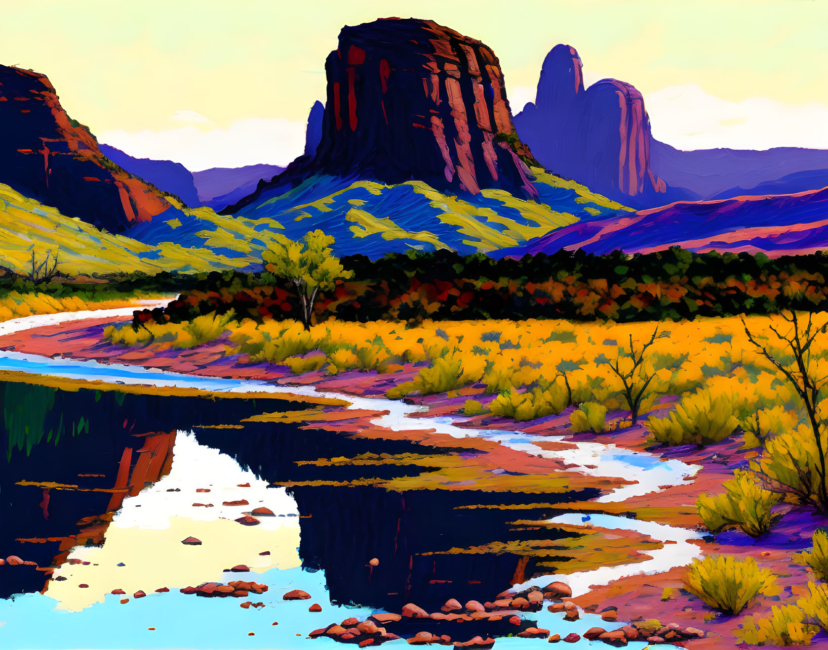 Colorful Desert Landscape with River and Rock Formations