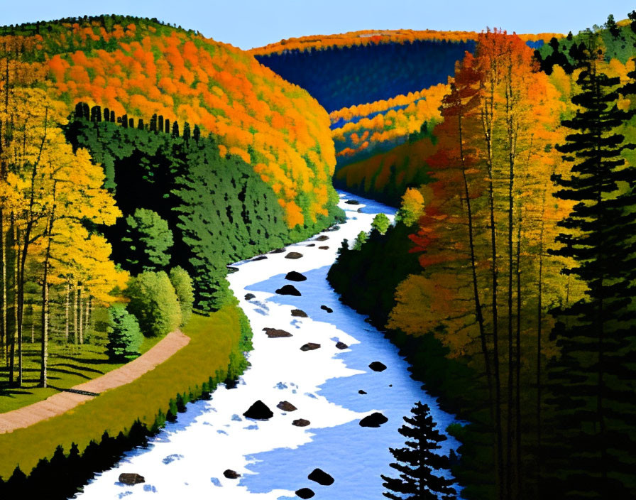 Colorful Autumn Landscape with River and Forest Trees