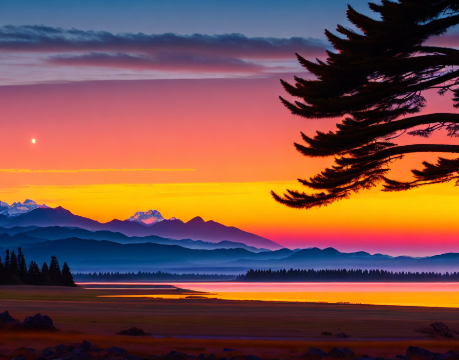 Colorful sunset over mountain range with tree and misty valley