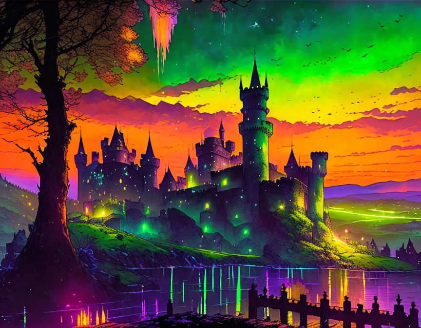 Colorful fantasy artwork: castle at sunset, northern lights, reflective lake, illuminated pathway