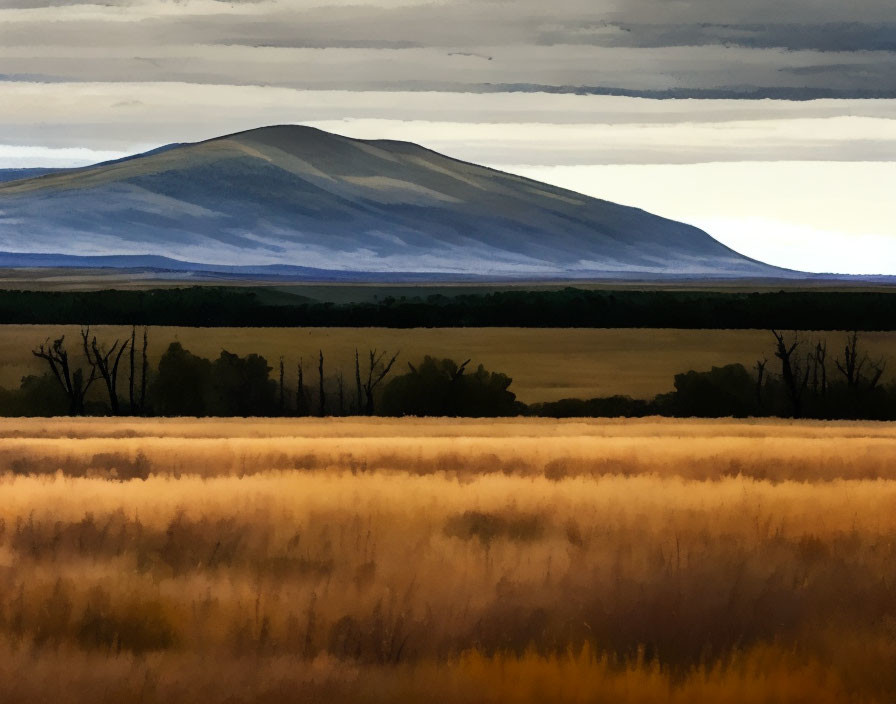 Tranquil landscape with hill, cloudy sky, tall grass, and trees