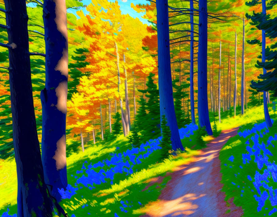 Digital artwork: Vibrant forest path with blue flowers, autumn trees, sunny sky