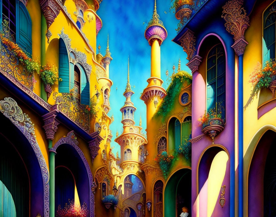 Fantastical digital painting of vibrant street with ornate buildings