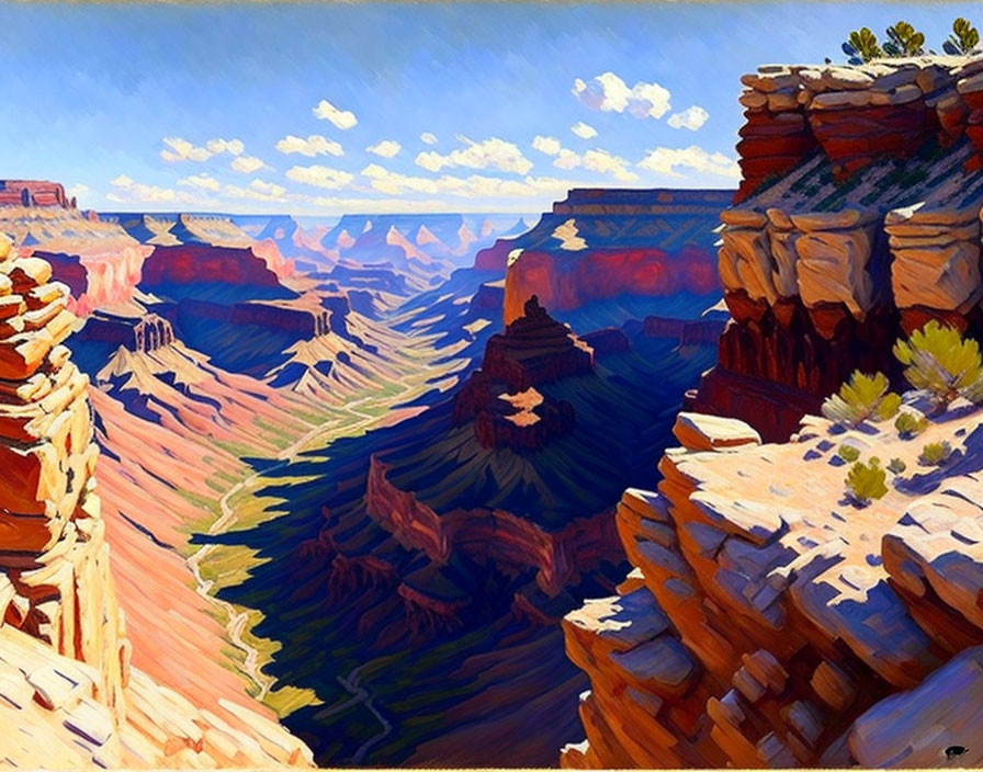 Vivid Grand Canyon painting: deep ravines, layered rocks, blue sky.