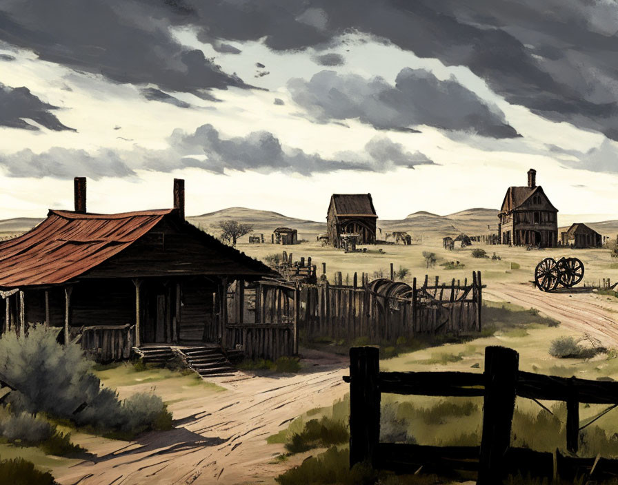 Deserted Wild West town with wooden buildings and wagon