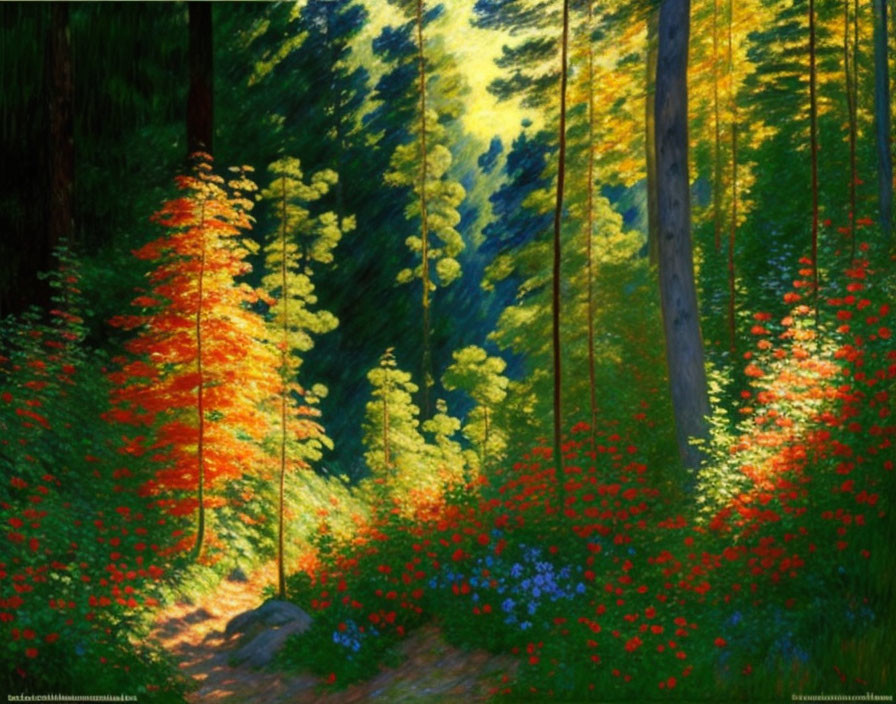 Sunlit forest painting with tall trees and red flowers