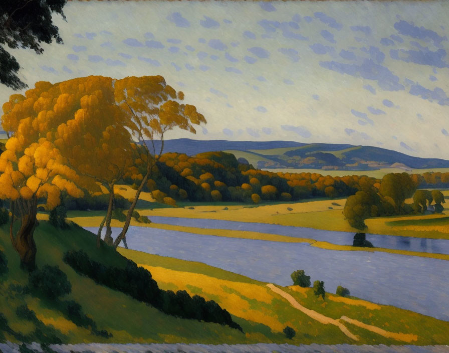 Tranquil landscape painting: rolling hills, river, yellow trees, scattered cloud sky