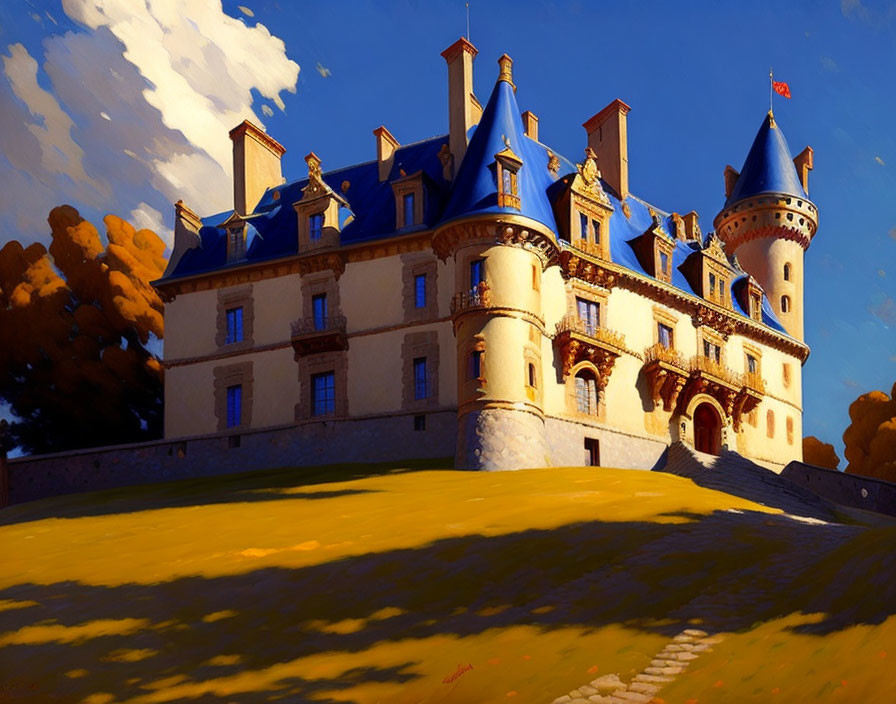 Grand chateau with blue roofs amid autumnal trees under vibrant sky