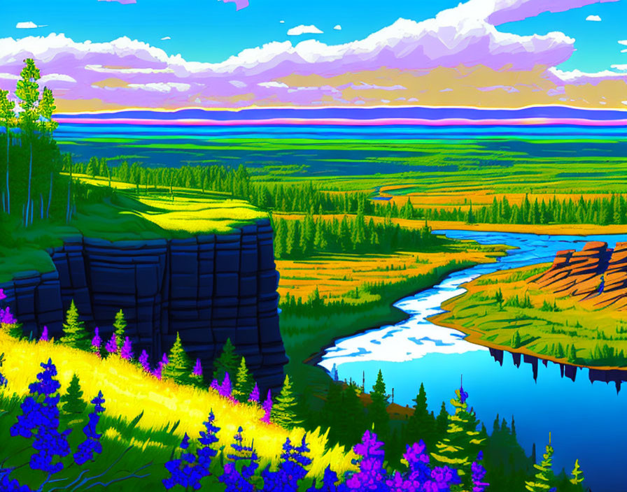 Colorful Digital Artwork of Lush Landscape with River and Purple Flowers