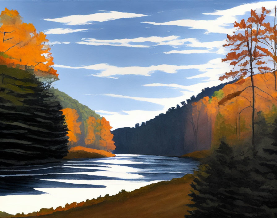 Autumn forest painting: serene river, colorful trees, blue sky