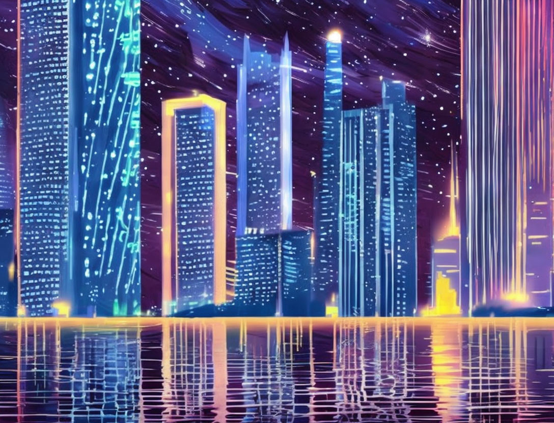 Futuristic neon cityscape with starlit sky and reflecting skyscrapers