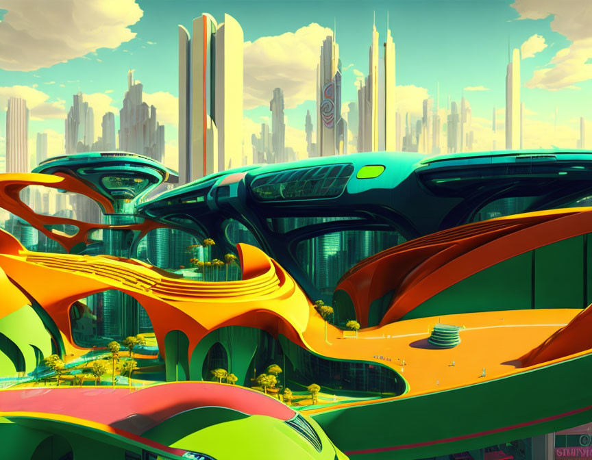 Futuristic cityscape with sleek buildings and organic structures in green and orange