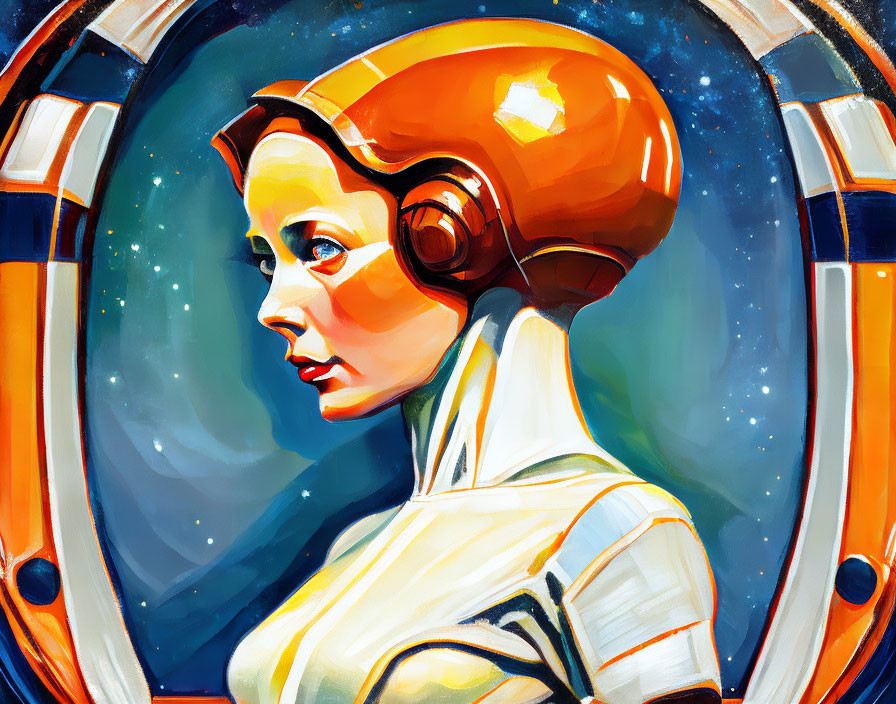 Colorful artwork of a woman in a space helmet looking sideways in a spacecraft setting