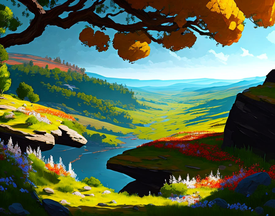 Scenic landscape with river, meadows, cliffs, and autumn tree