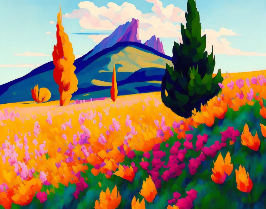 Colorful digital painting of stylized flowers, trees, sky, and mountain