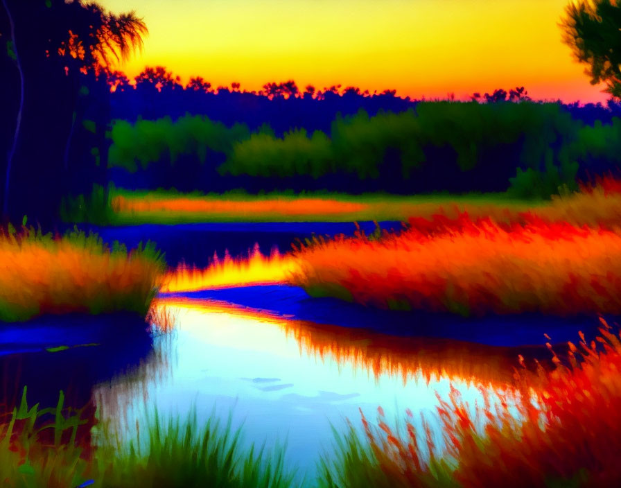 Colorful Sunset River Landscape with Vibrant Hues