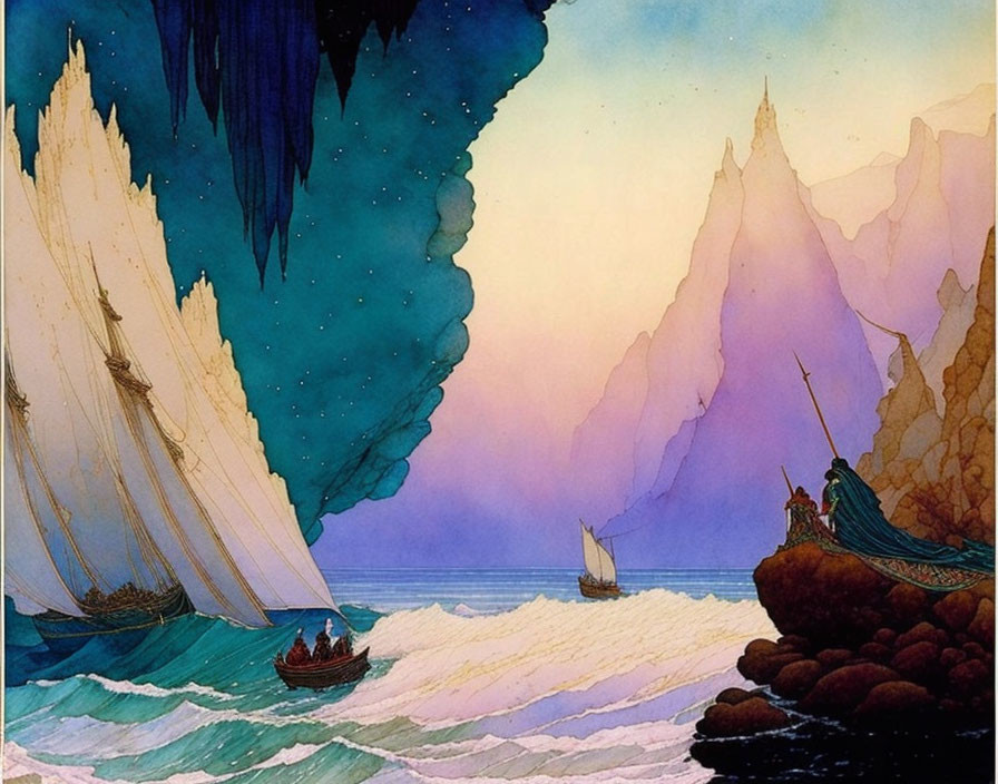 Fantasy illustration of ships near purple and gold cliffs