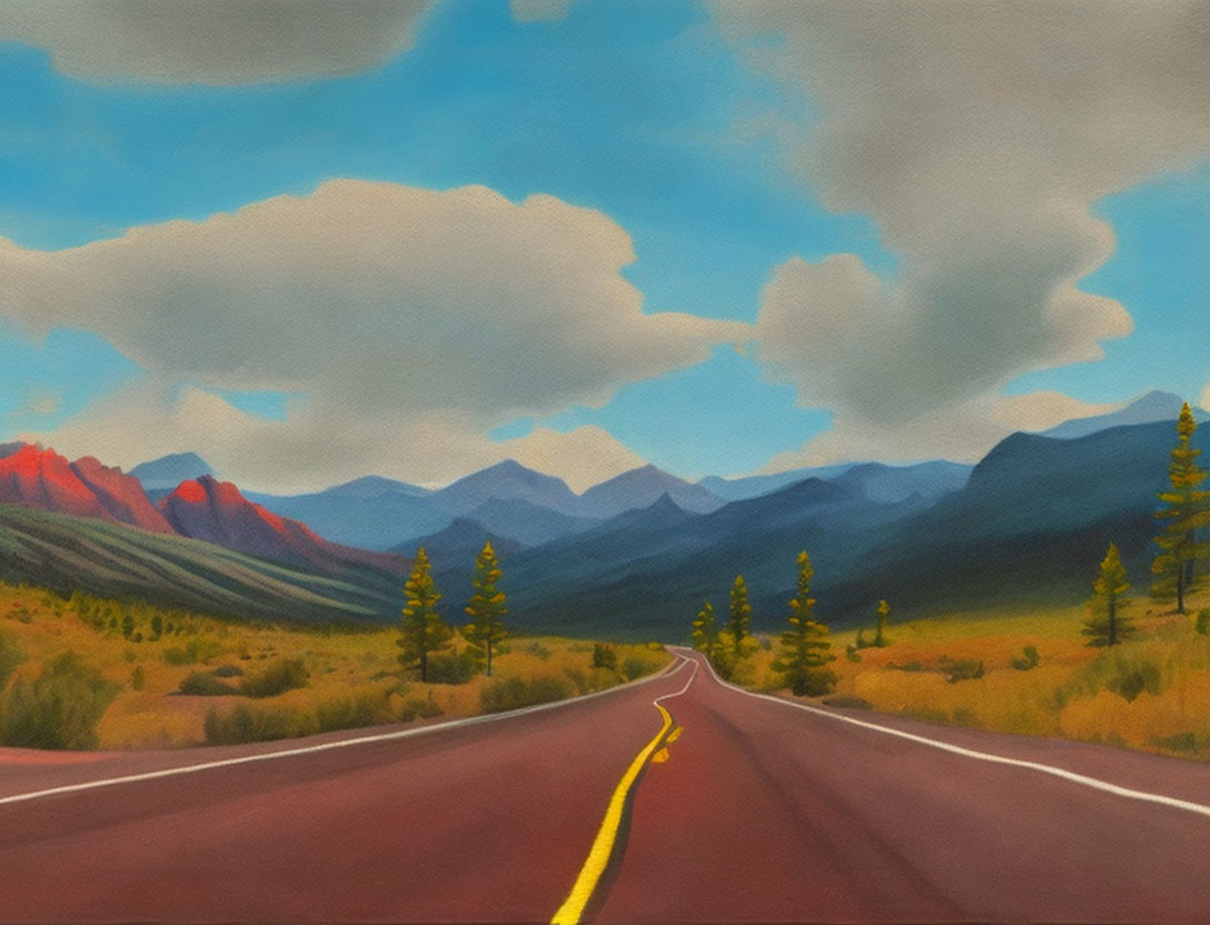 Scenic painting of long road through mountainous landscape