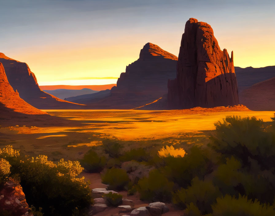 Scenic desert valley at sunrise with rock formations and greenery