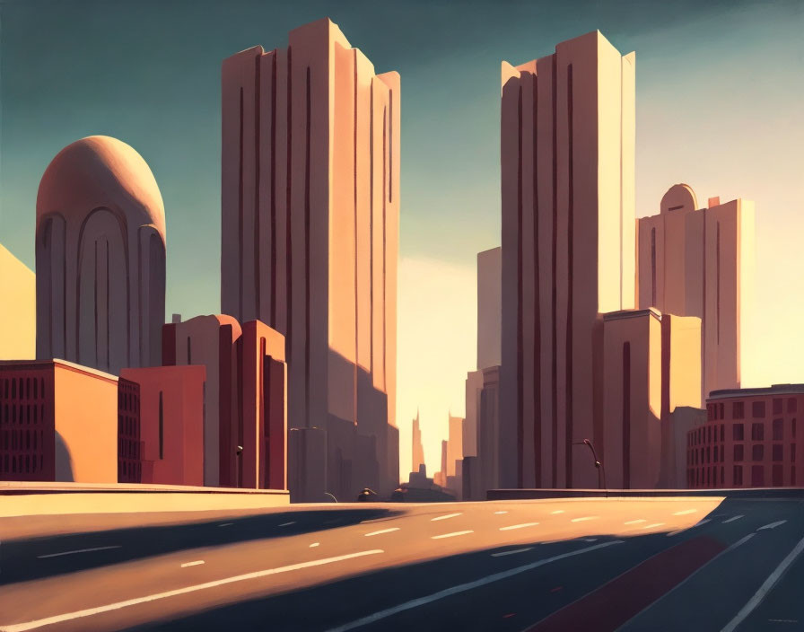 Cityscape with stylized buildings, shadow play, deserted road, clear sky