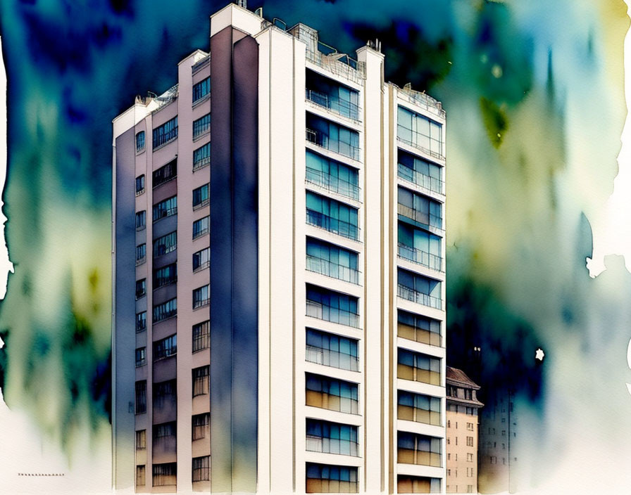 Modern high-rise building in stylized watercolor with vivid blue sky