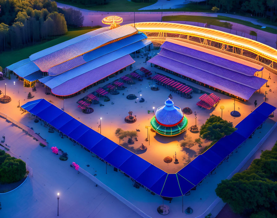 Vibrant amusement park at dusk with illuminated carousels and colorful canopies