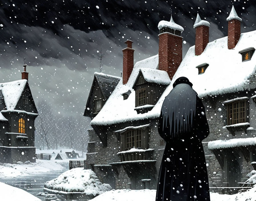 Cloaked Figure at Snow-Covered Cottage Under Night Sky