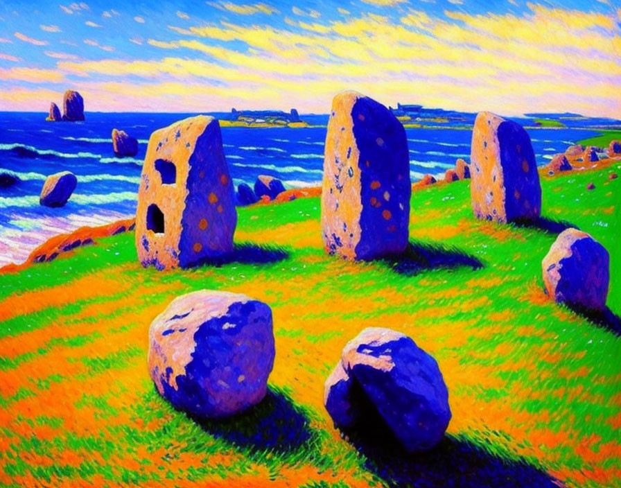 Ancient standing stones painting in coastal meadow with ships on the sea