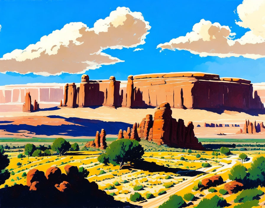 Colorful Desert Landscape with Red Rock Formations and Blue Sky